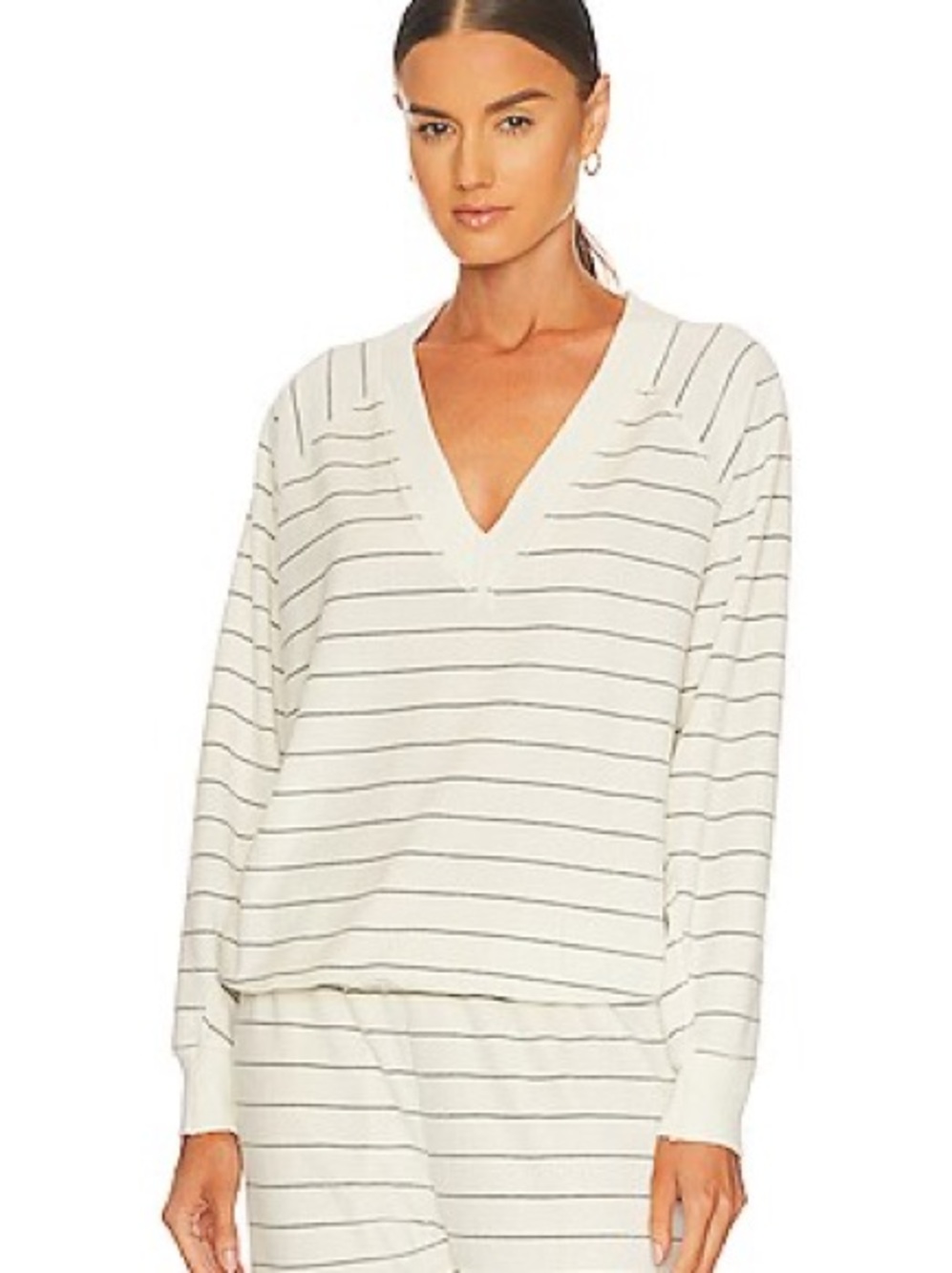THE GREAT. Cream V-Neck Thin-Striped Velour Pullover